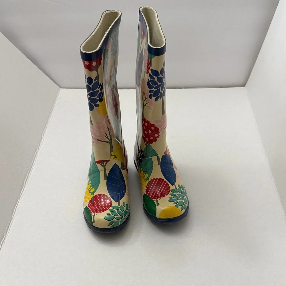 Mini Boden Cream Floral Rain Boots with Red, Yellow & Blue Accents